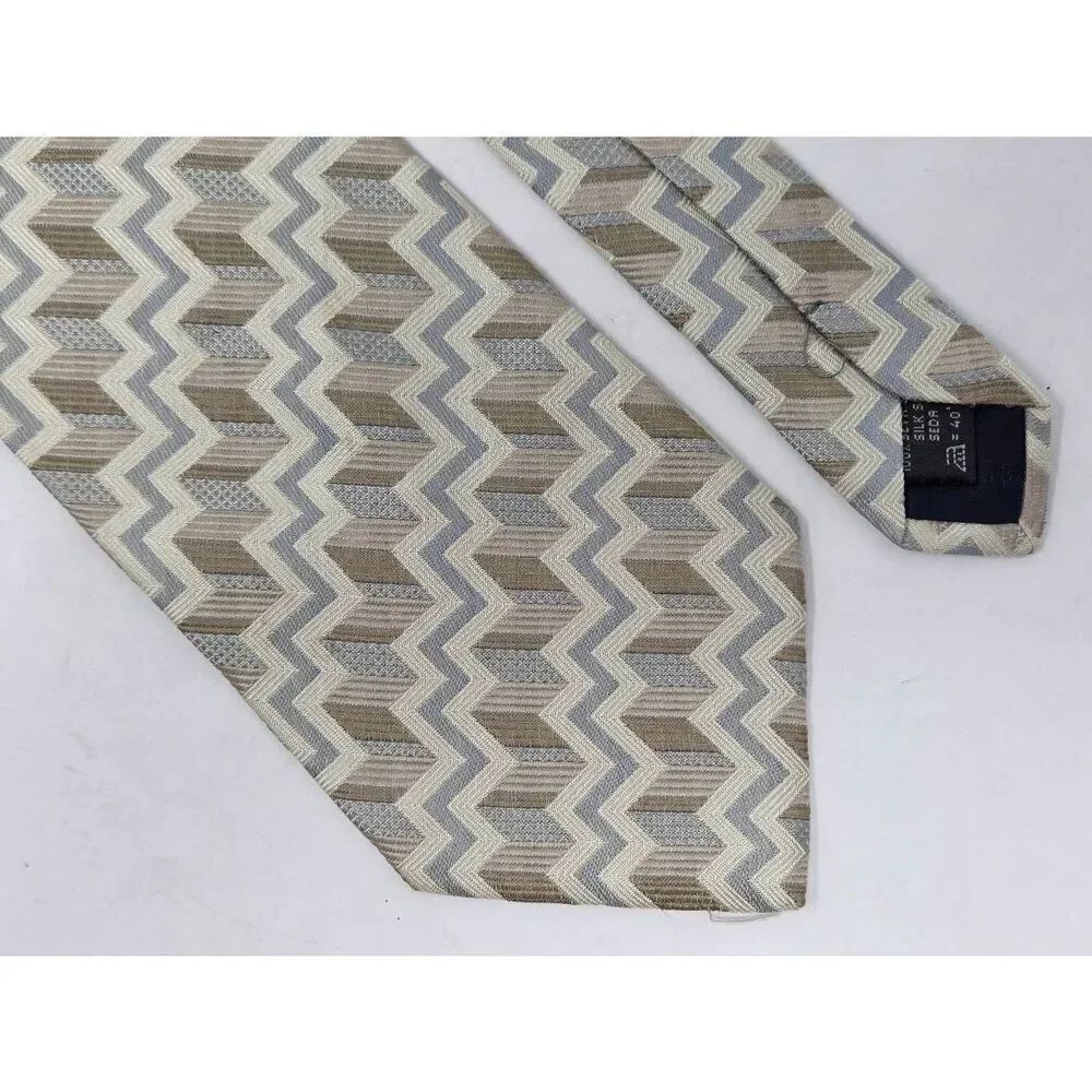 ERMENEGILDO ZEGNA SILK TIE CREAM BLUE TAN WOVEN TEXTURED SATIN 4" X 59"